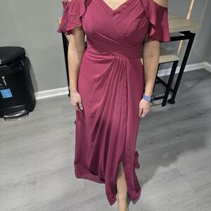 Azazie Asymmetrical Cold Shoulder Dress in Burgundy